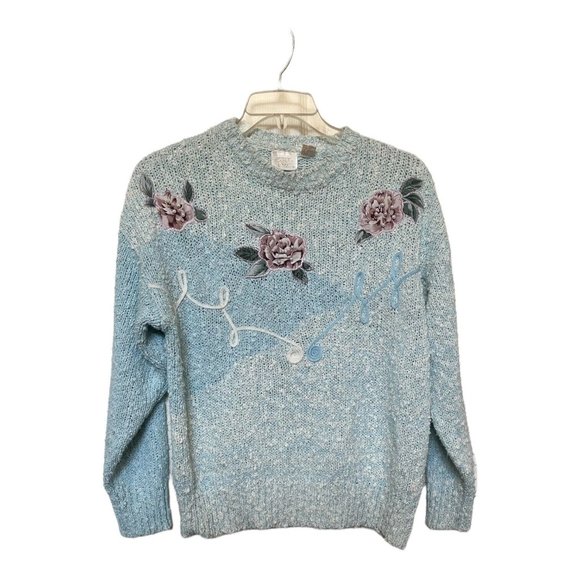 Vintage 80s Sweater with Appliqué Needles & Yarn Size L Pastel Blue Faux Pearls - Picture 3 of 6